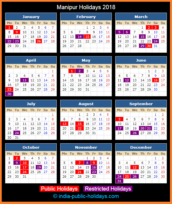 Manipur Holiday Calendar 2018